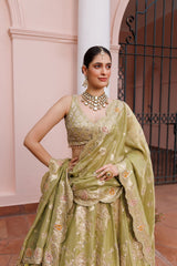 Bright Green Tissue Floral Embroidered Lehenga Set