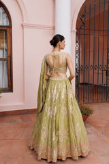 Bright Green Tissue Floral Embroidered Lehenga Set