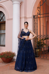 Navy Blue Net Floral Motif Embroidered Lehenga Set
