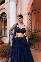 Navy Blue Net Floral Motif Embroidered Lehenga Set