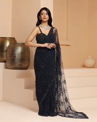 Blue Net Cutdana & Bead Work Saree Set