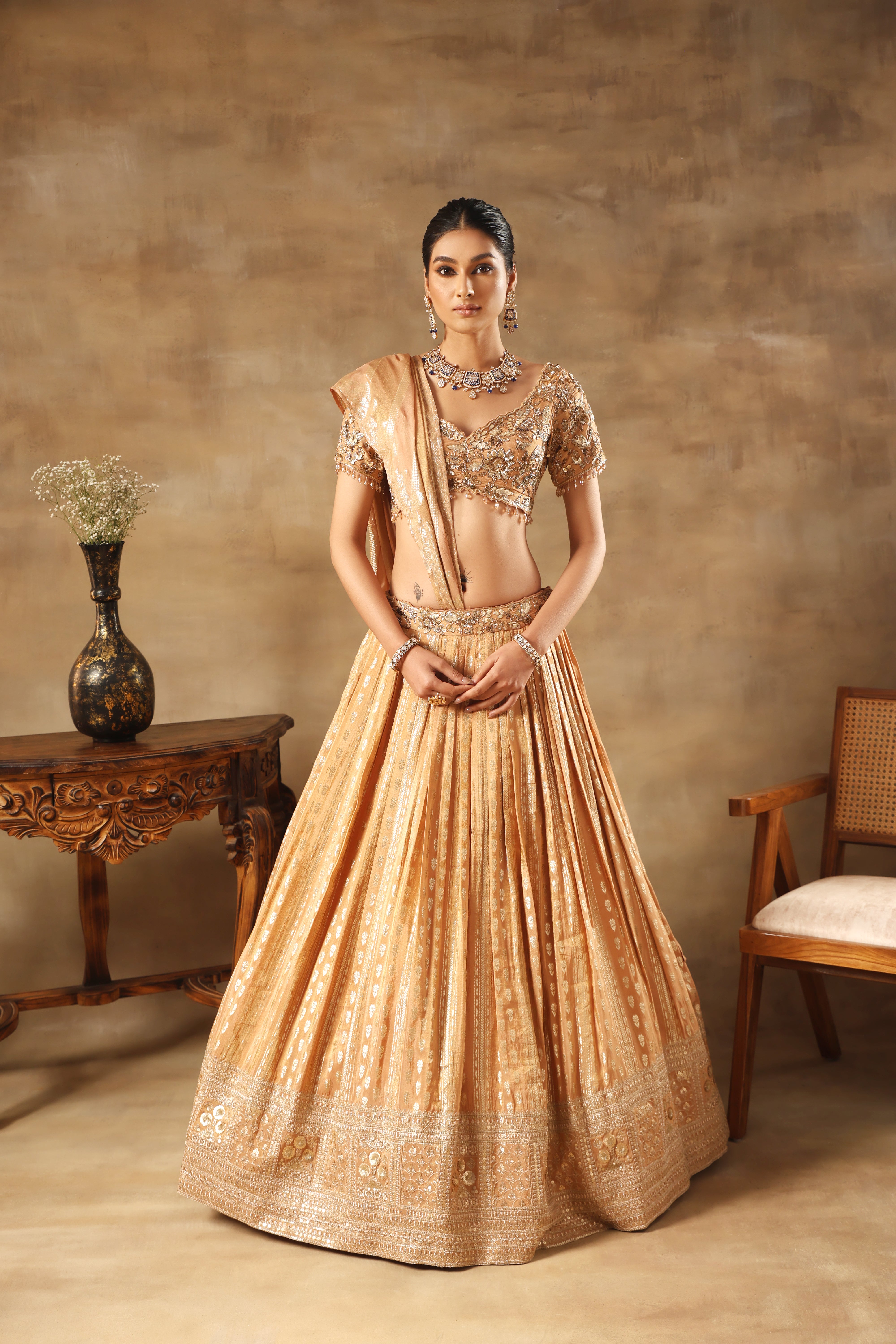 Gold Tissue jacquard Embroidered Lehenga Choli