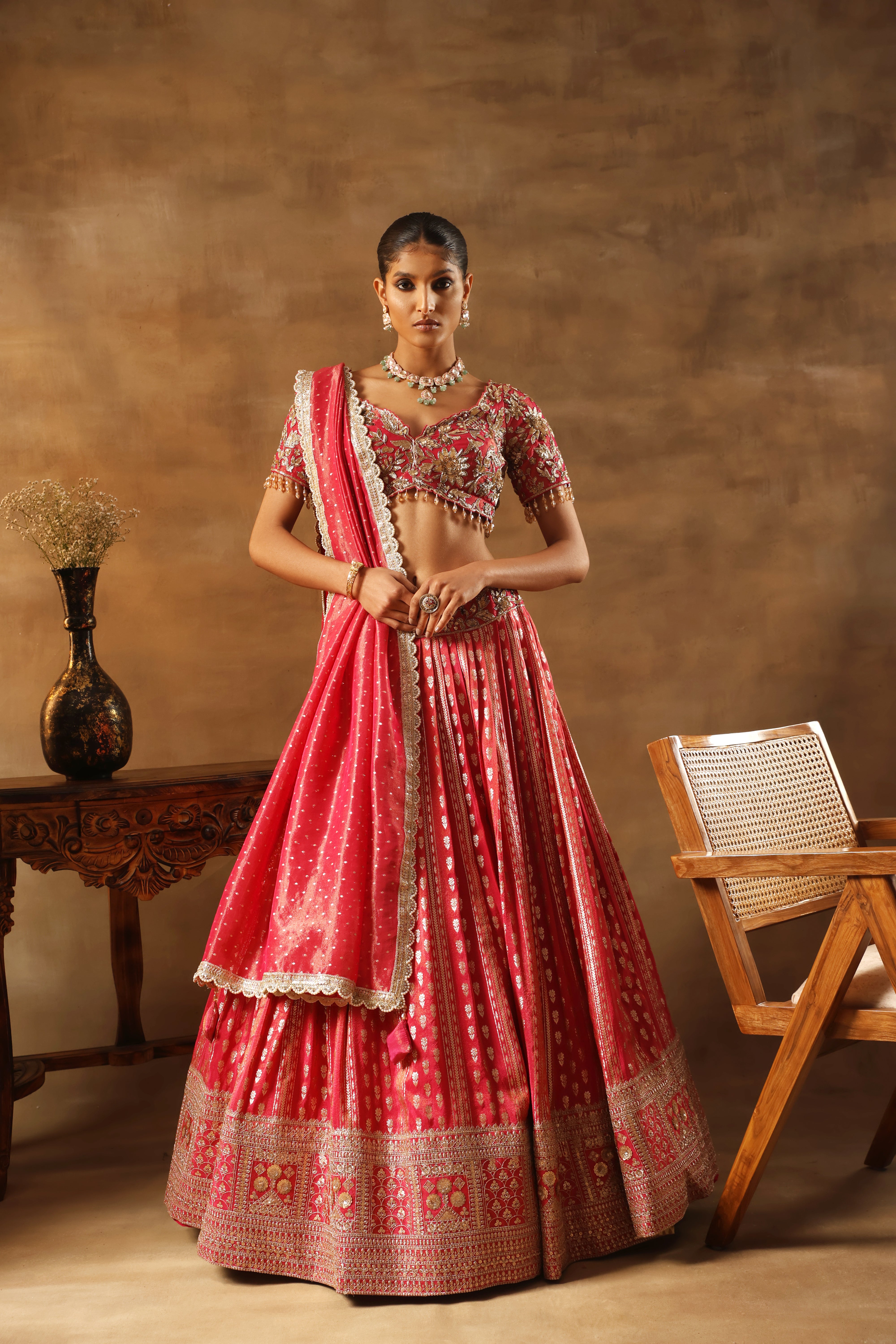Magenta Tissue jacquard Embroidered Lehenga Choli