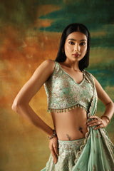 Sea green tissue jacquard lehenga choli for weddings and festivals
