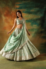 Sea green tissue jacquard lehenga choli for weddings and festivals