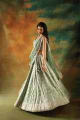 Sea green tissue jacquard lehenga choli for weddings and festivals