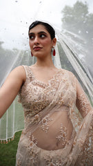 Golden Net Floral Embroidered Saree Set