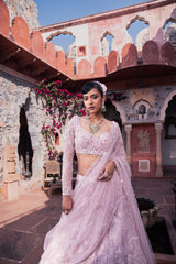 Pink Organza & Net Cutdana Embroidered Lehenga Set