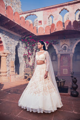 Beige Net & Viscose Georgette 3D Floral Embroidered Lehenga Set