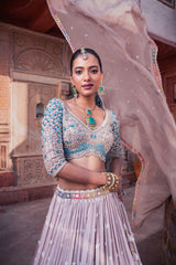 Grey Net & Organza Hand Embellished Lehenga Set