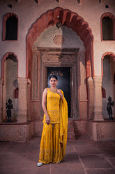 Mustard Viscose Georgette Sequins Embellished Sharara Set