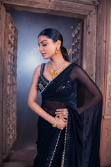 Black Net & Viscose Georgette Saree Set