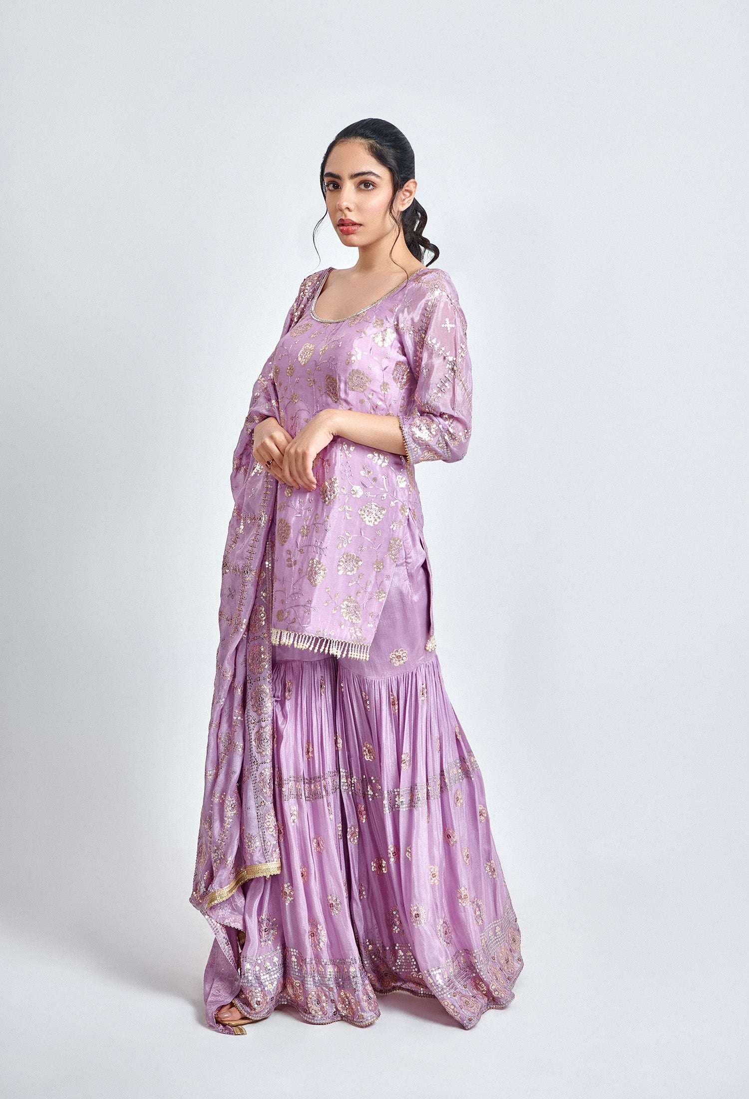 Purple and Gold Embroidered Sharara Set for Wedding & Festive Wear