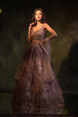 Grey Net Embroidery Leather Floral Folige Sequin Work Lehenga