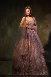 Grey Net Embroidery Leather Floral Folige Sequin Work Lehenga