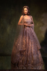 Grey Net Embroidery Leather Floral Folige Sequin Work Lehenga