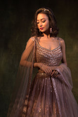 Grey Net Embroidery Leather Floral Folige Sequin Work Lehenga