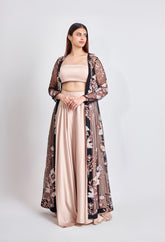 Fawn Satin Skirt & Top with Black Embroidery Jacket – Ethnic Set
