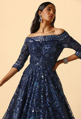 Navy Blue Embroidered Bardot Gown for Evening & Formal Wear