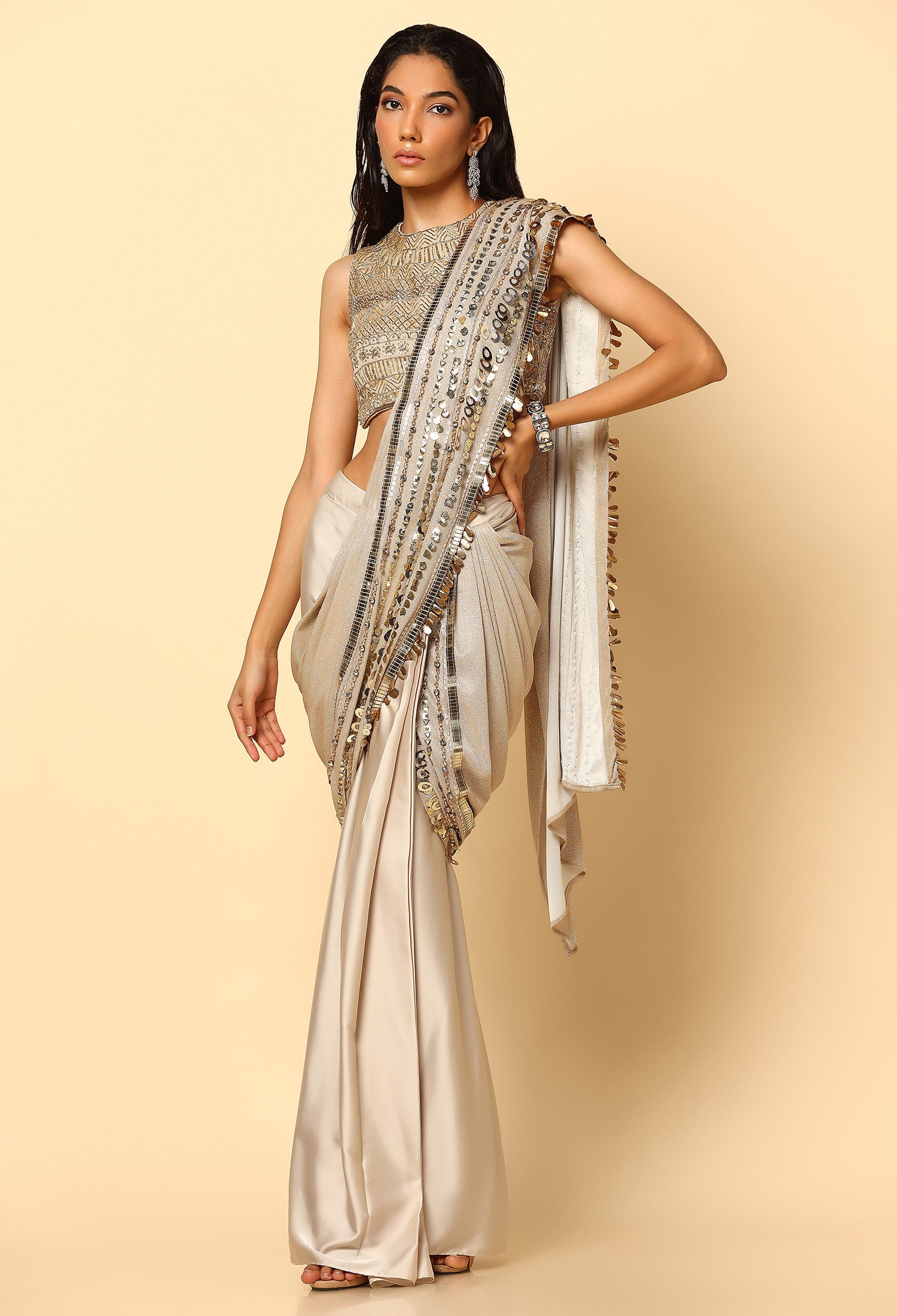 Stylish Gold Saree in Shimmer Fabric with Glass Beads Blouse