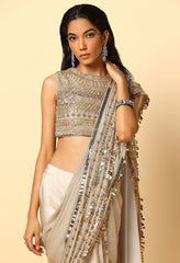 Stylish Gold Saree in Shimmer Fabric with Glass Beads Blouse