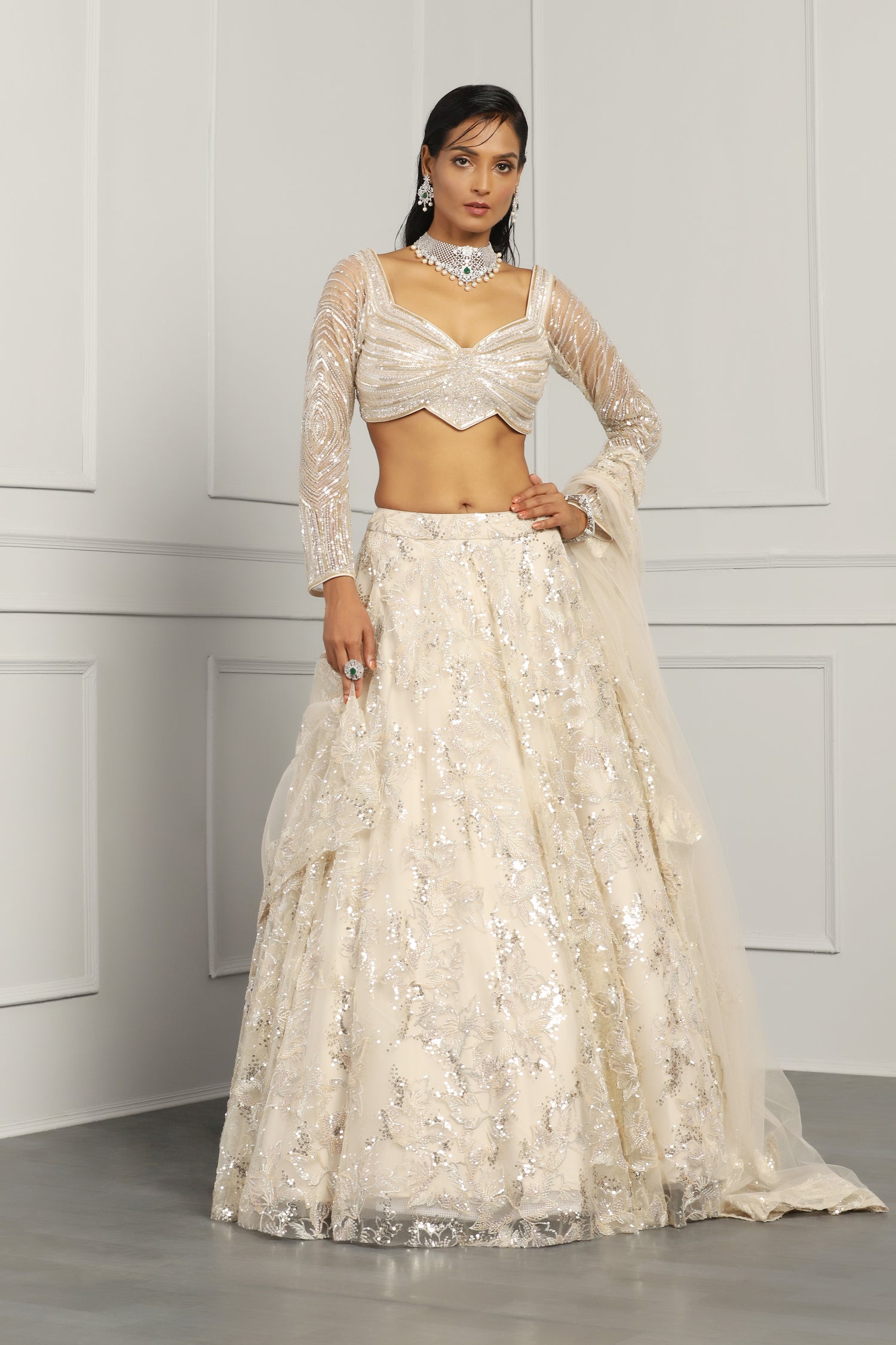 Sequin And Beads Work Ivory Lehenga
