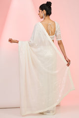 Ivory Georgette Sequins & Cutdana Hand Embellished Saree