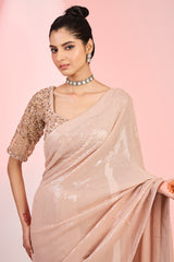 Rose Gold Georgette Sequins & Cutdana Hand Embellished Saree