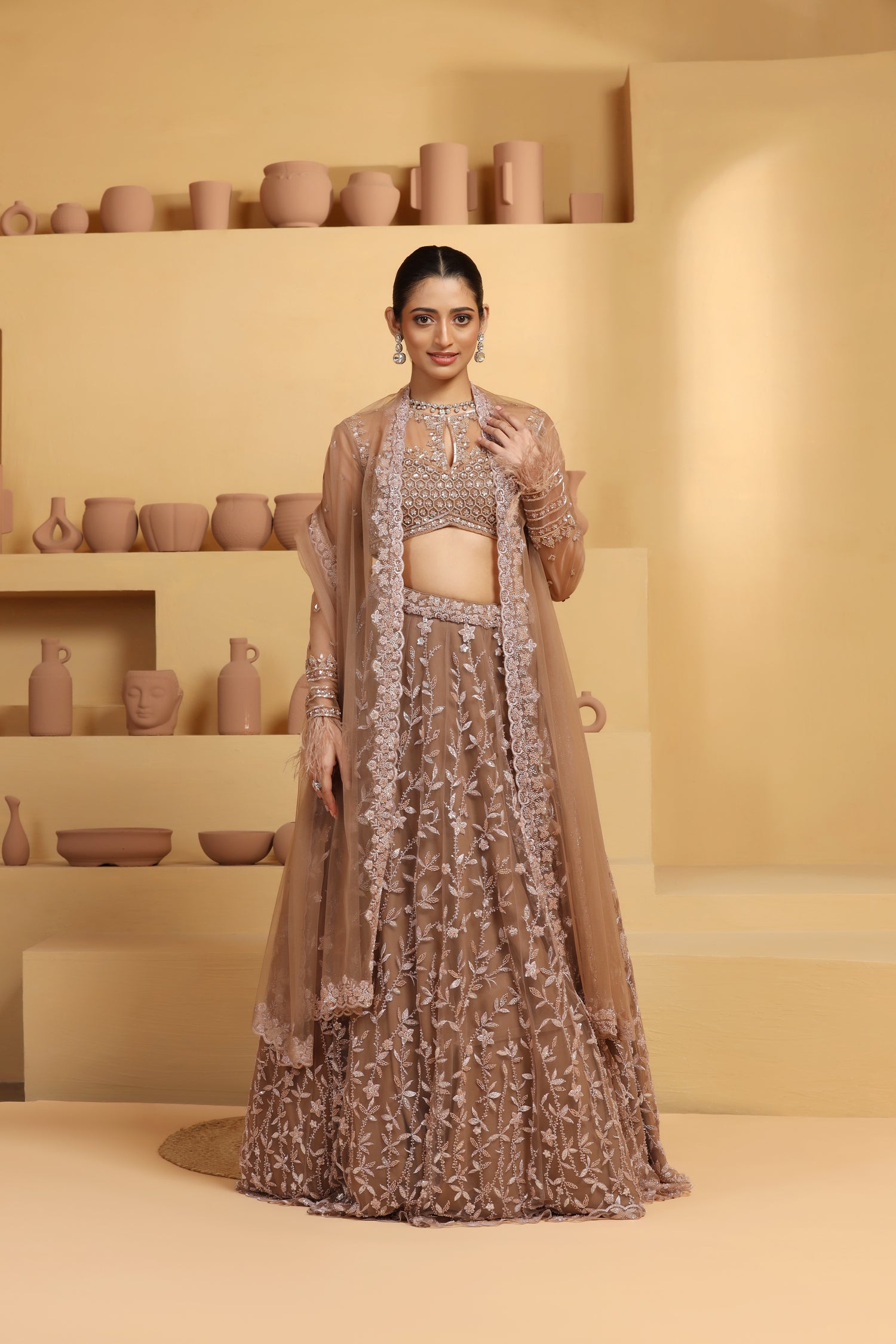 Net Flower motif kalidar Lehenga with geomatric choli