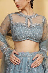 Net Flower motif kalidar Lehenga with geomatric choli