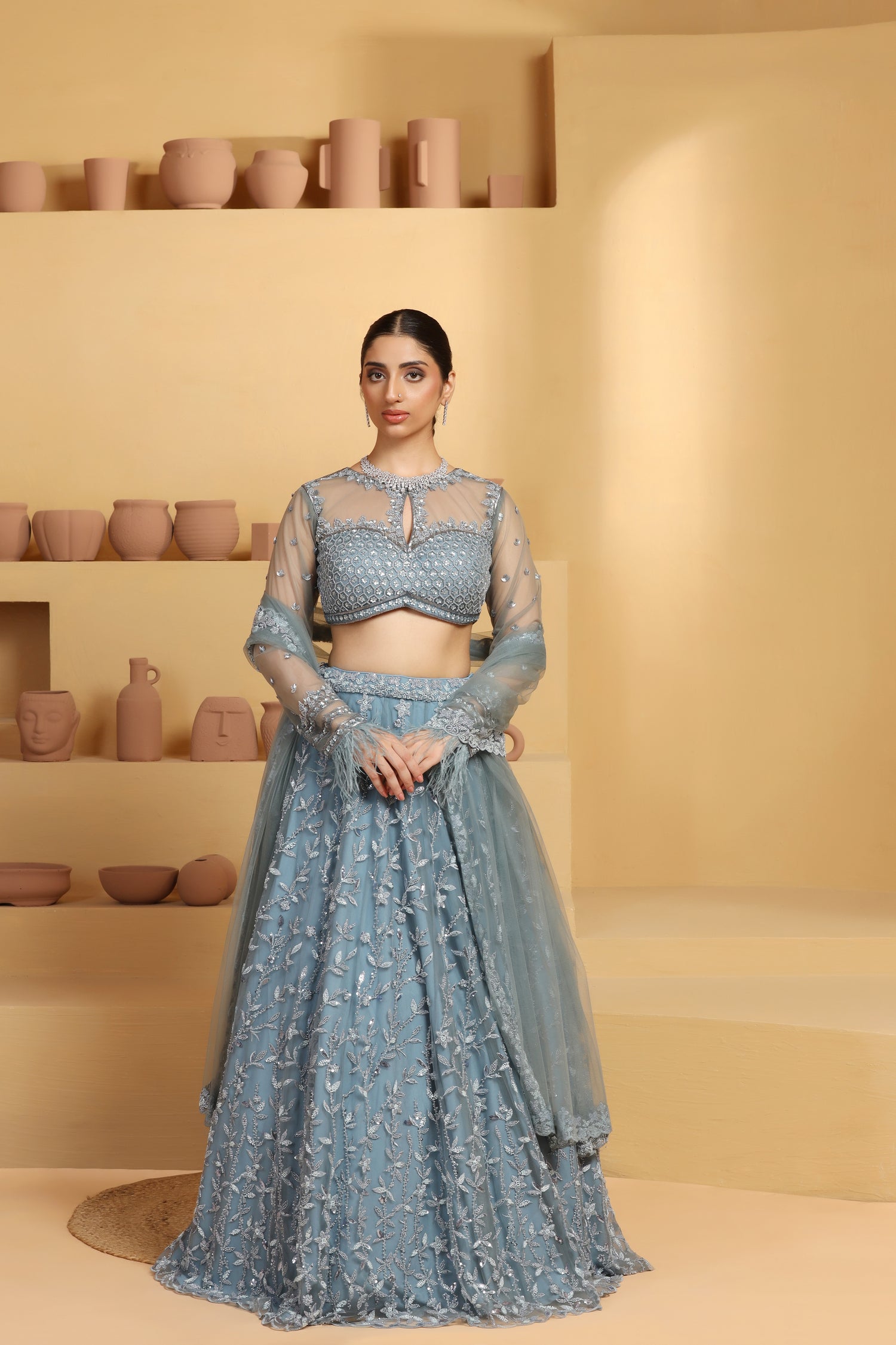 Net Flower motif kalidar Lehenga with geomatric choli