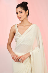 Ivory Georgette Cutdana & Sequins Hand Embellished Saree