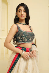 Gold and green embroided Tissue  lehenga