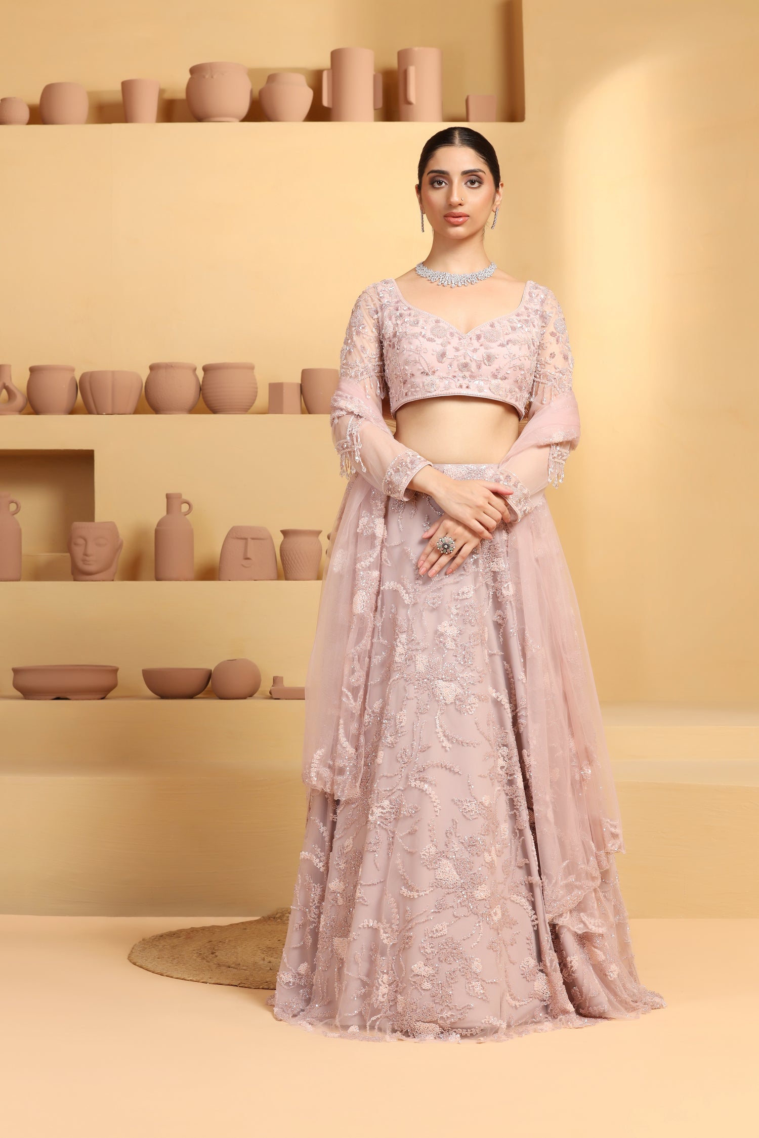 Beads and cutdana Abstract flower Jaal Lehenga themed full slevves choli