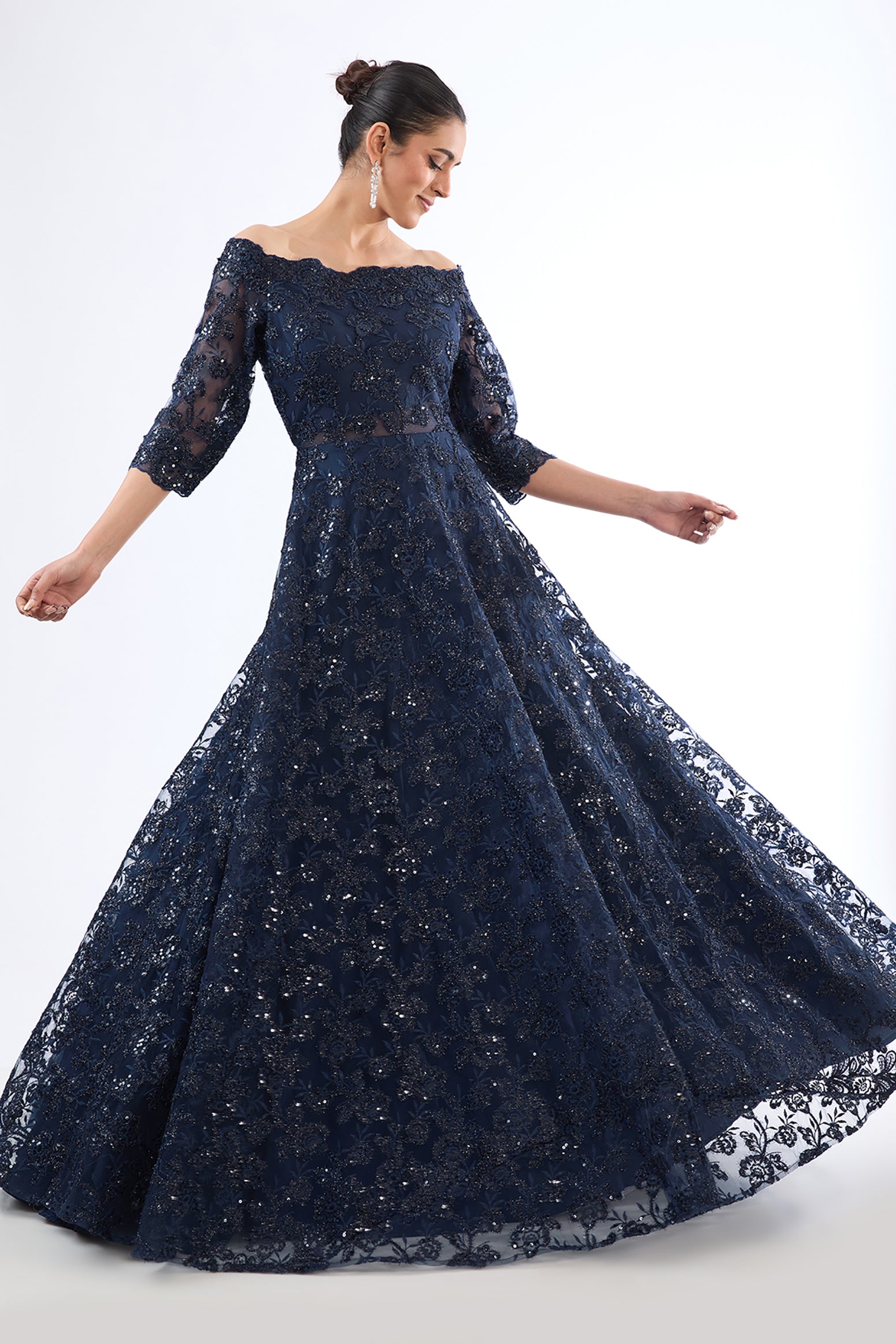Navy Blue Net Sequin Thread Work Off-Shoulder Gown – Meena Gurnam