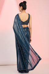 Dark Blue Georgette Sequins & Cutdana Hand Embroidered Saree