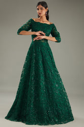 Green Net Sequins & Resham Embroidered Off-Shoulder Gown