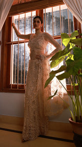 Golden Net Floral Embroidered Saree Set