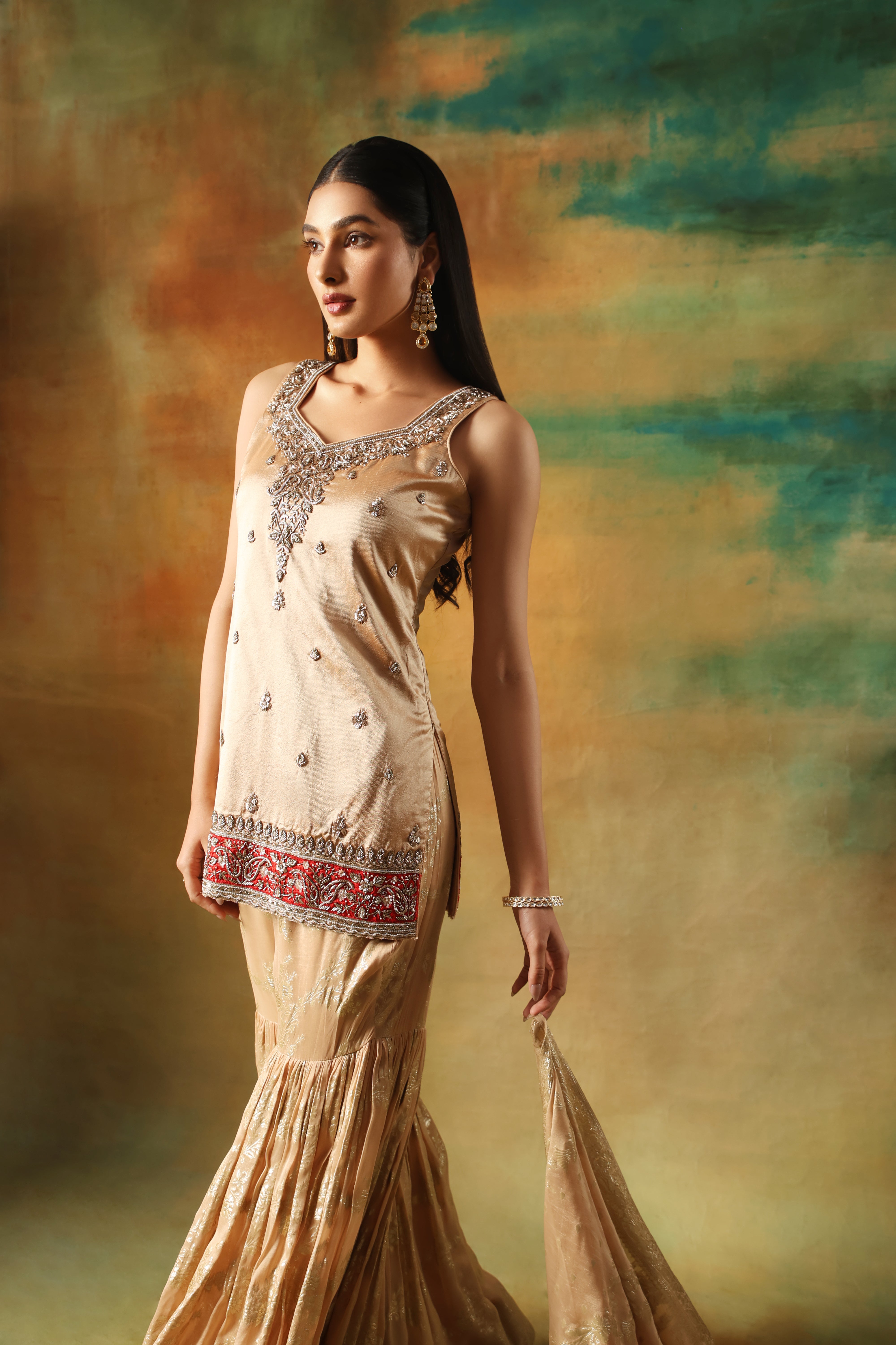 Gold Embroidered Jacquard Shirt Sharara