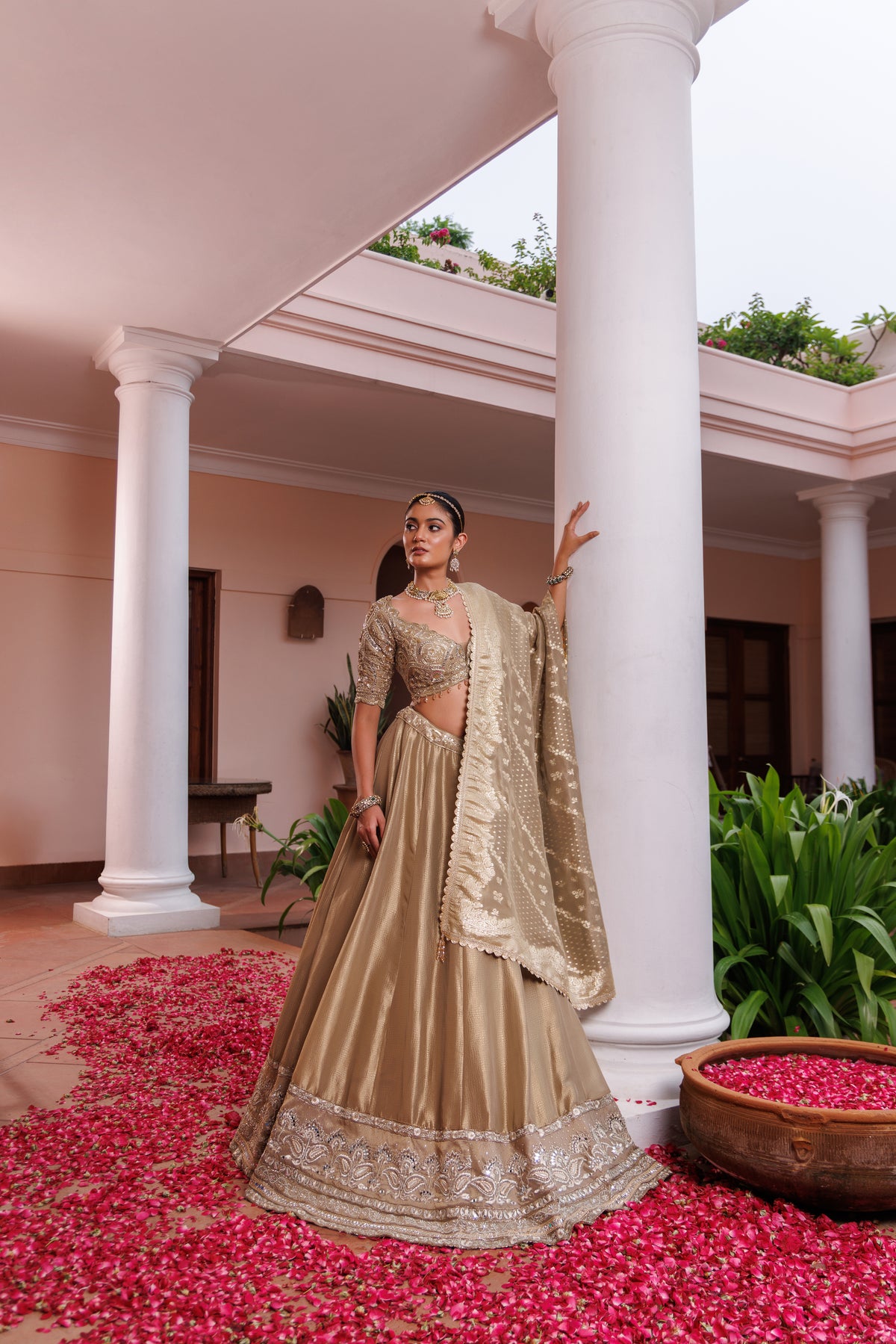 Sage Green Tissue Mirror Embroidered Lehenga Set