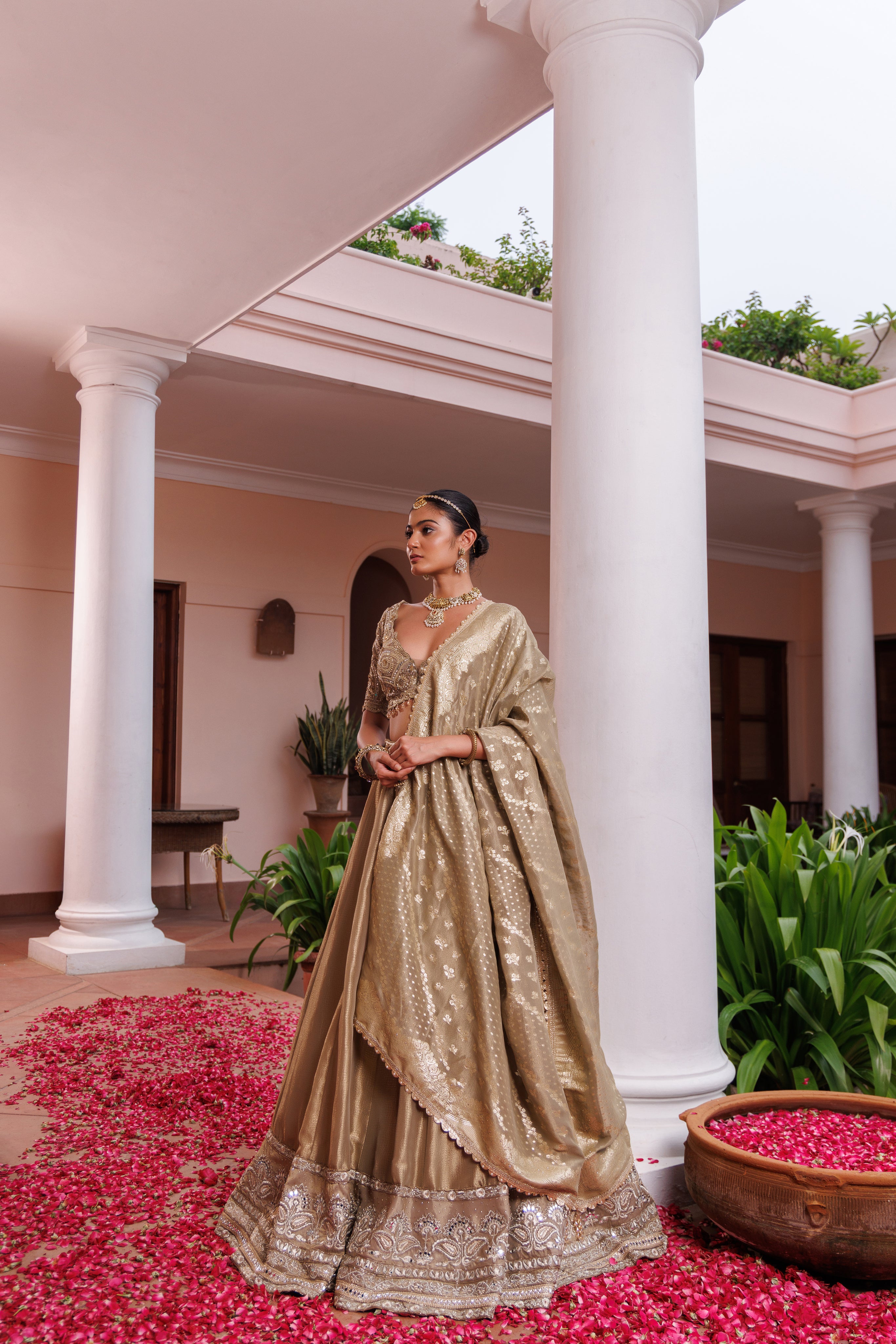 Sage Green Tissue Mirror Embroidered Lehenga Set