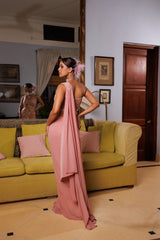 Exquisite pastel drape saree adorned with floral details, sparkling beads, and elegant bridal charm.