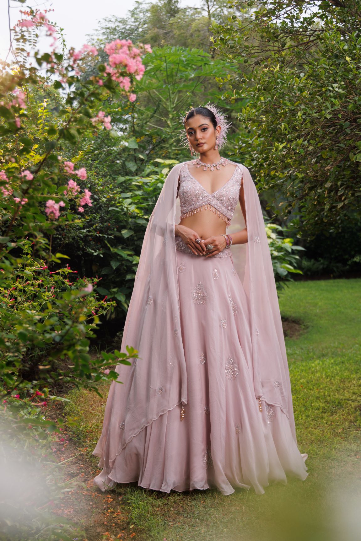 Lilac Organza Silver Stone Embroidered Lehenga Set