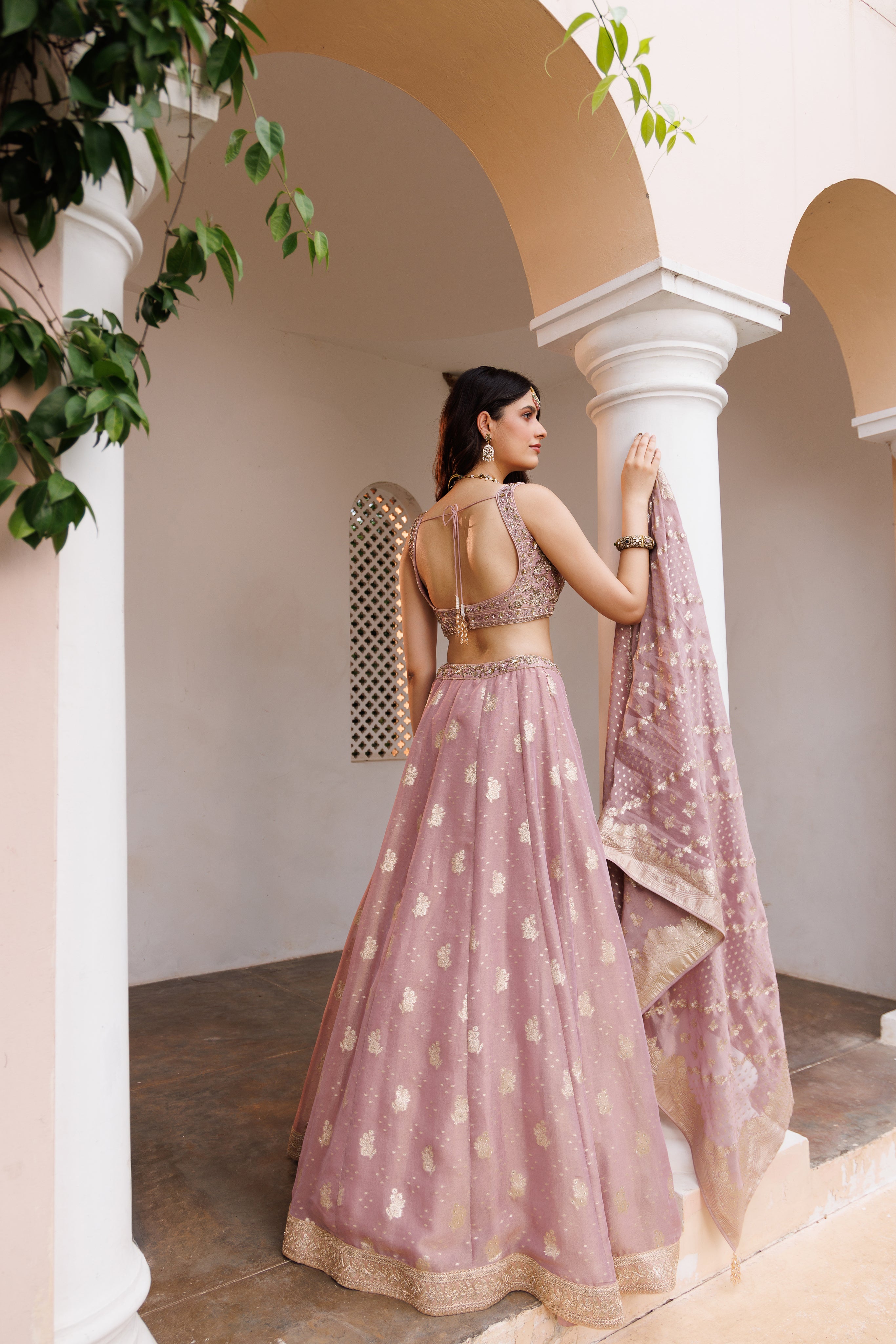 Lilac Tissue Dabka Hand Embroidered Lehenga Set