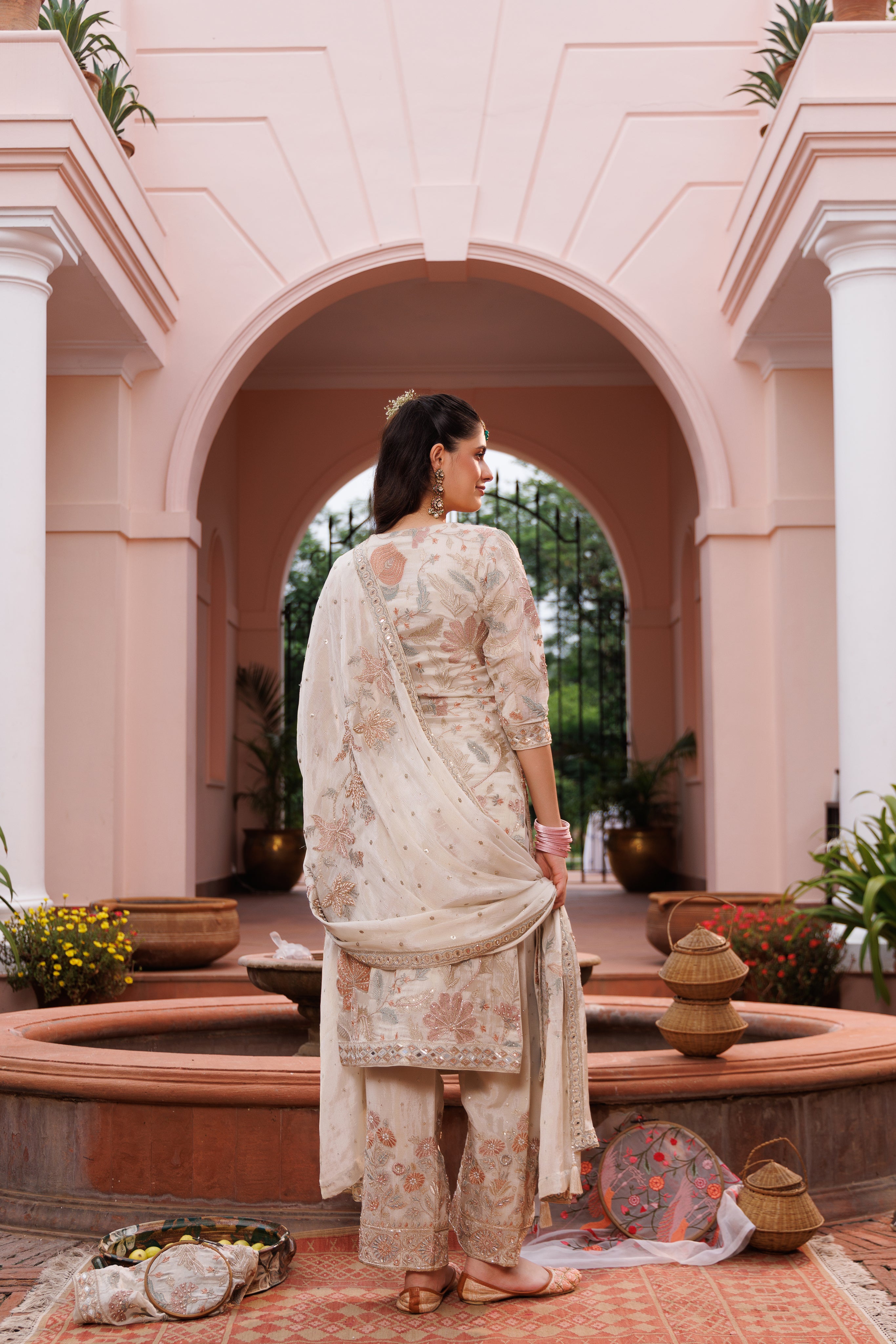 Big flower jaal with pastel gold colour long shirt pant.