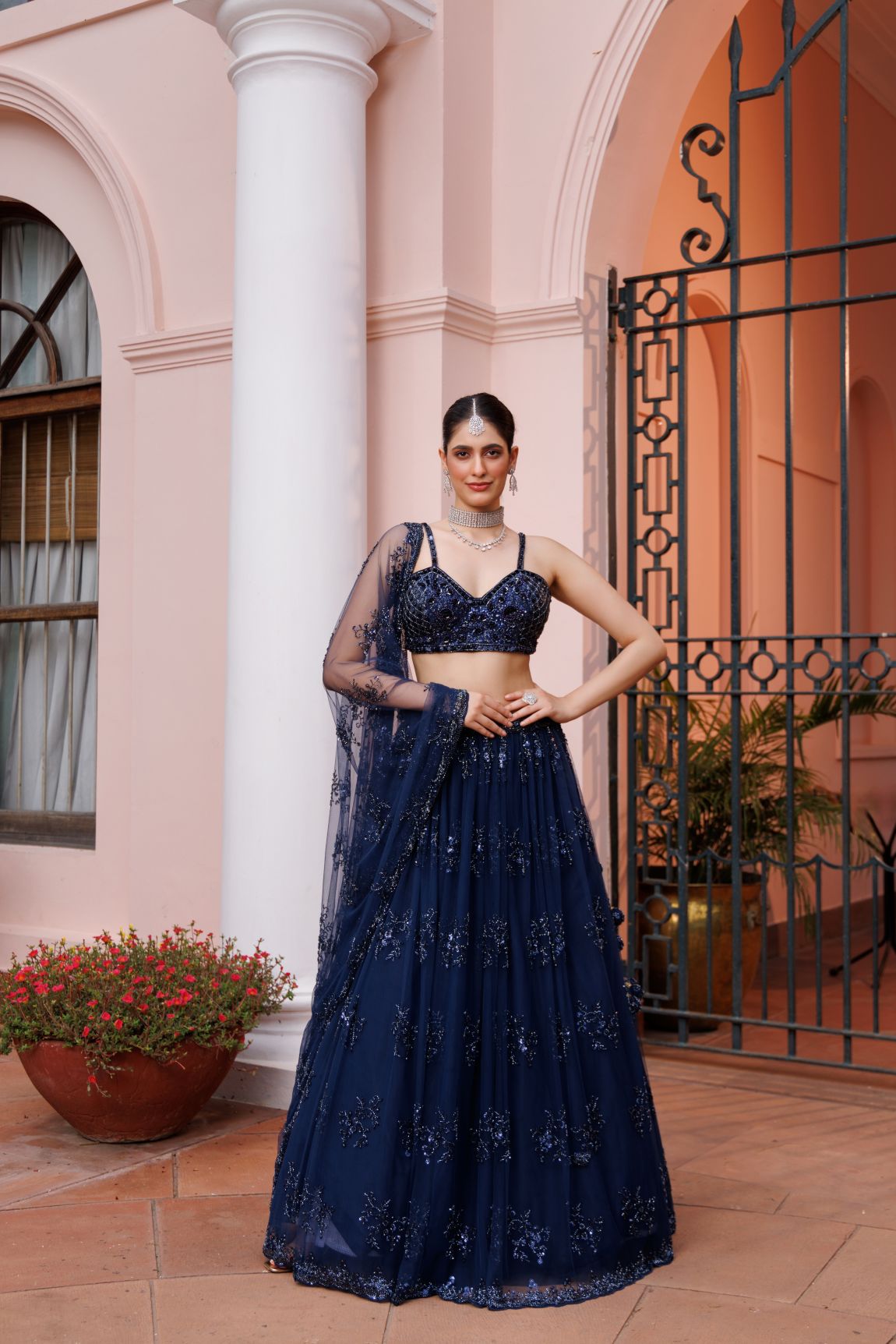 Navy Blue Net Floral Motif Embroidered Lehenga Set