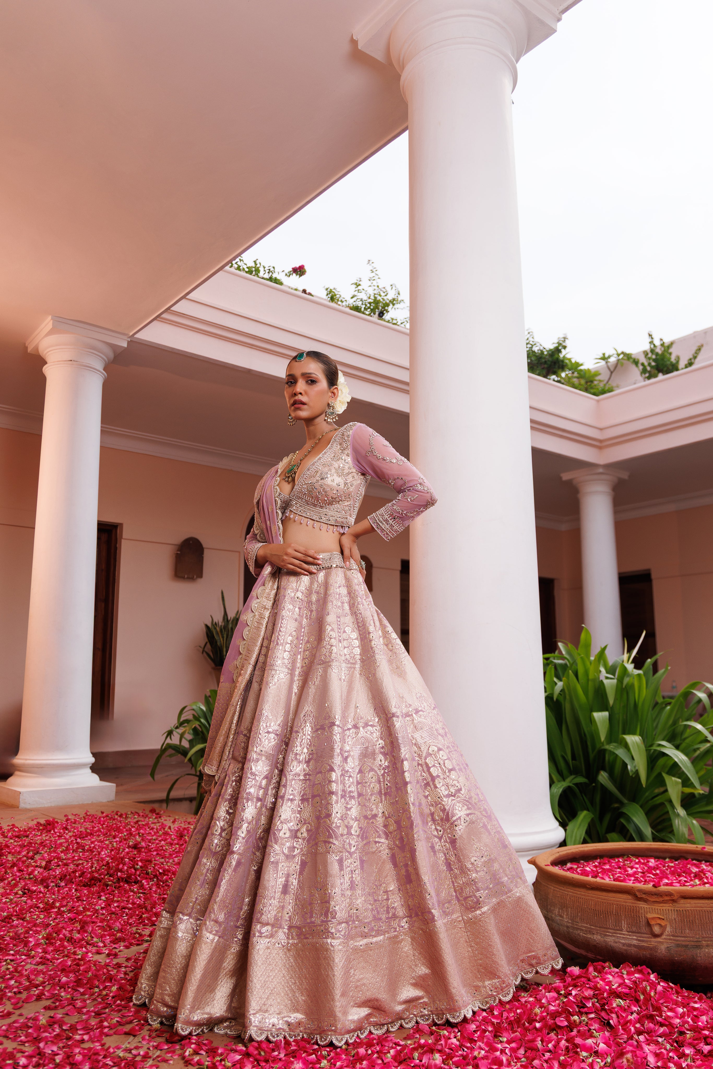 Lilac Tissue Mirror Hand Embroidered Lehenga Set