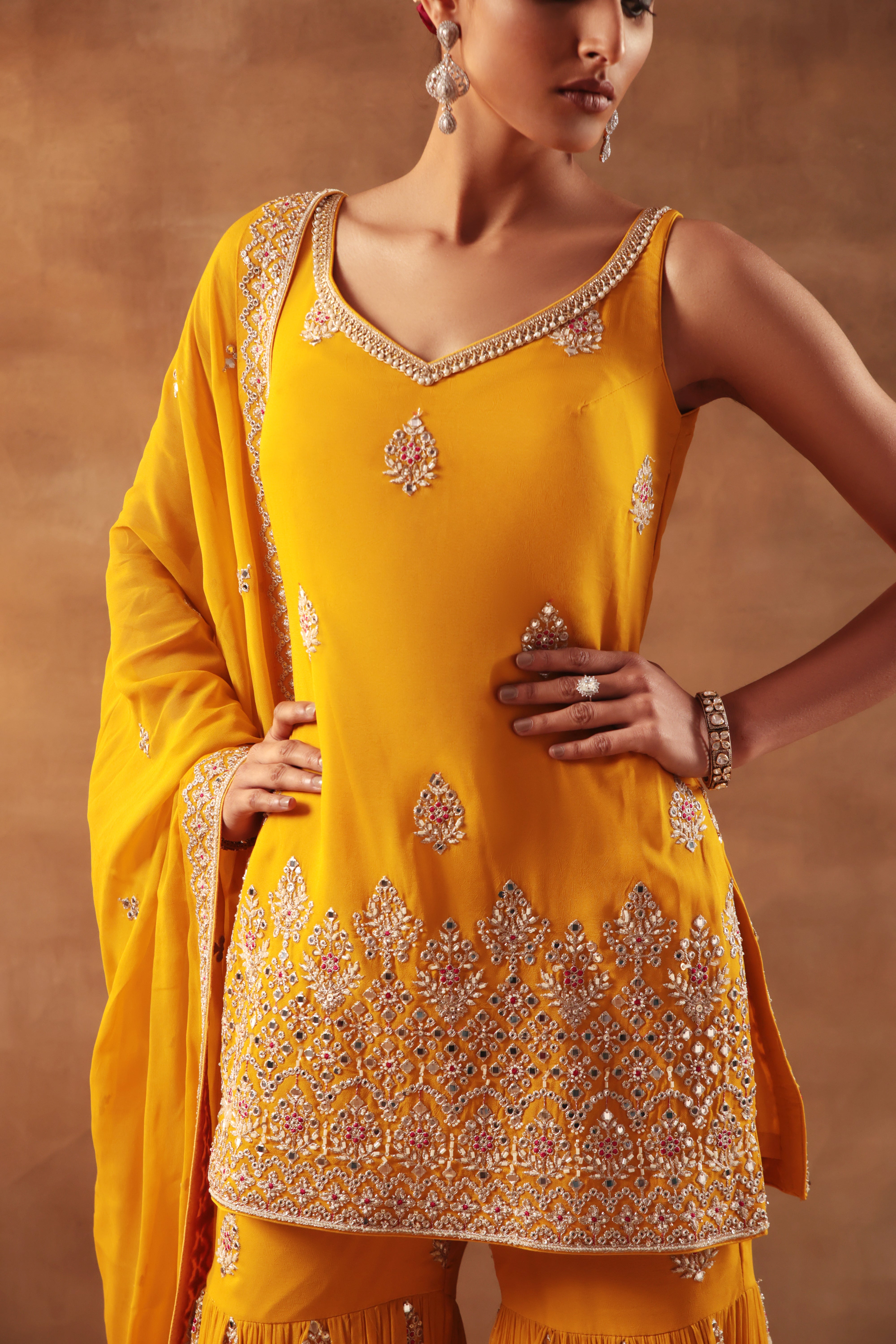 Mustard Embroidered Sharara Set for Festive & Wedding Wear