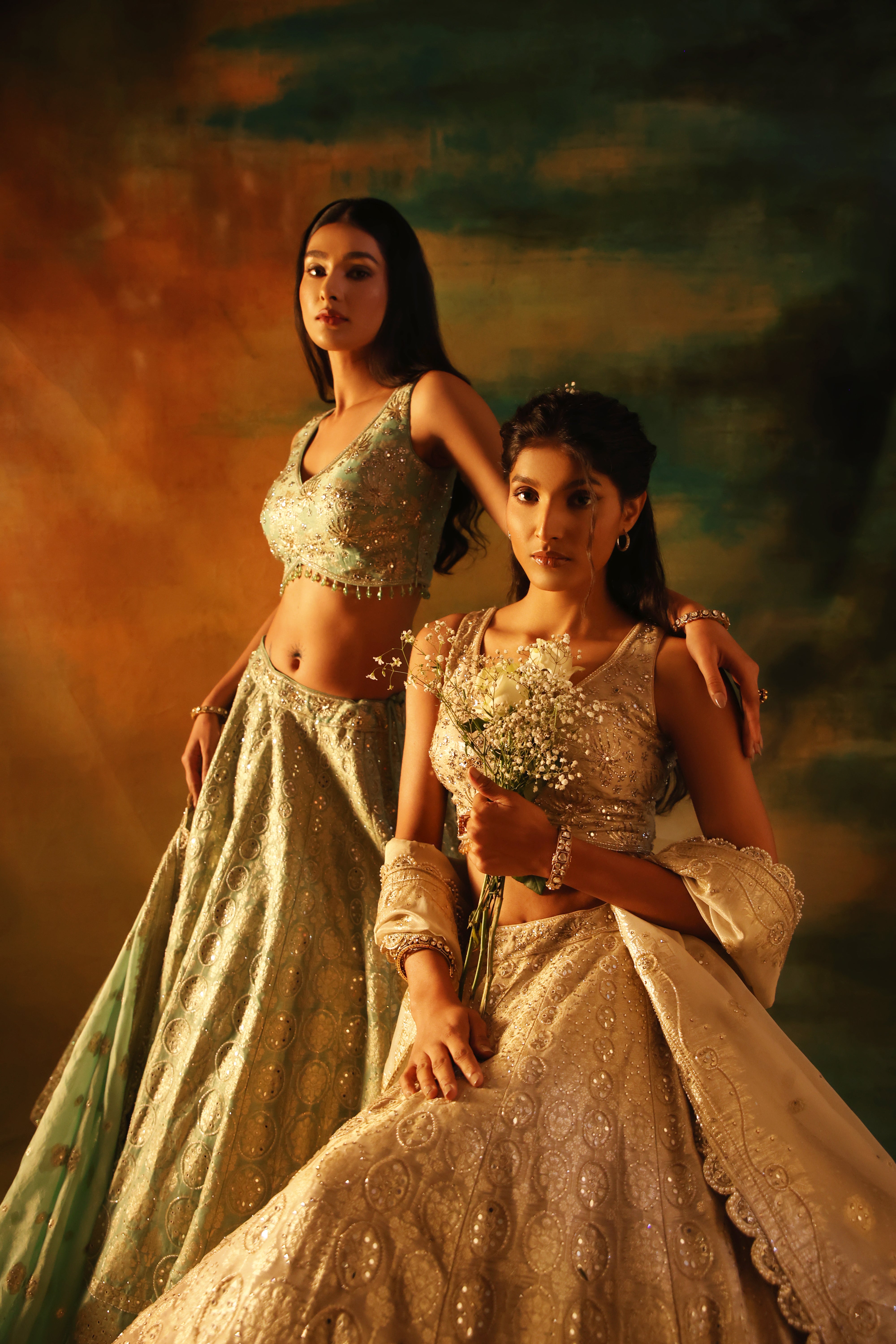 Sea green tissue jacquard lehenga choli for weddings and festivals