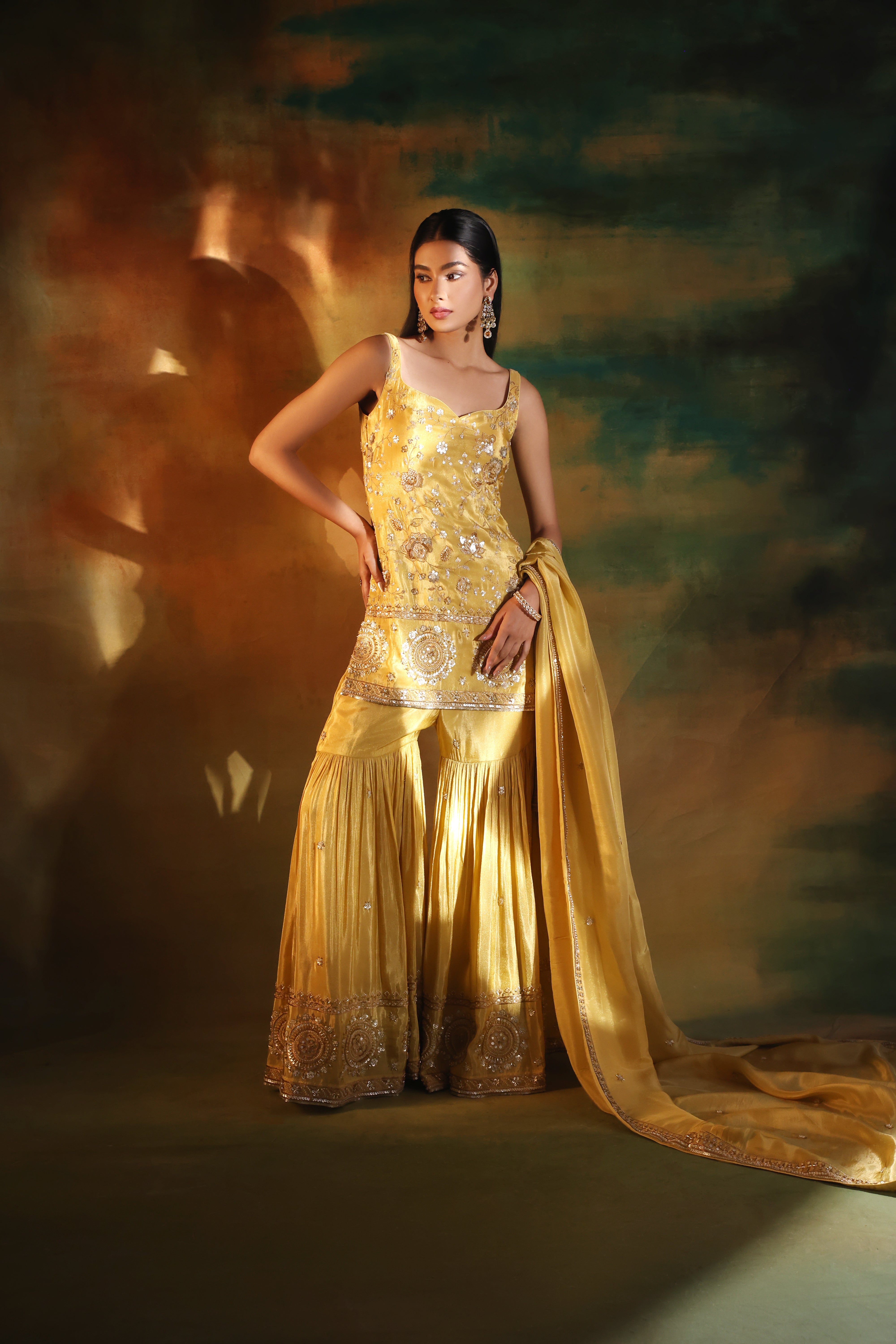 Beige Tissue Embroidered Sharara Set for Festive Elegance